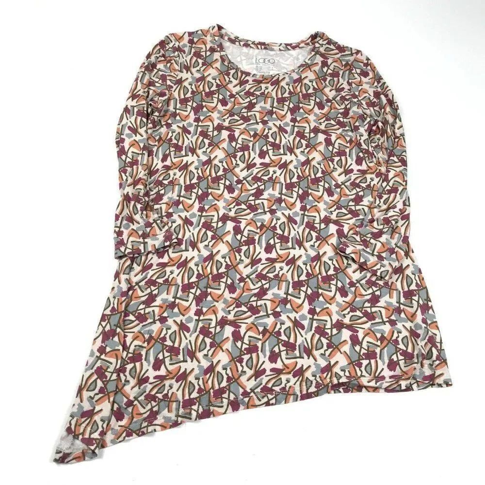 LOGO Lori Goldstein Tunic Colorful Print Asymmetric Top Stretch 3/4 Sleeve XS